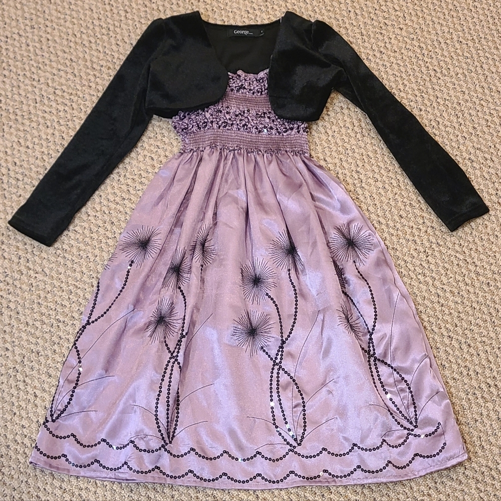 George Lavender and Black Satin Embroidered Dress With Velet Bordello